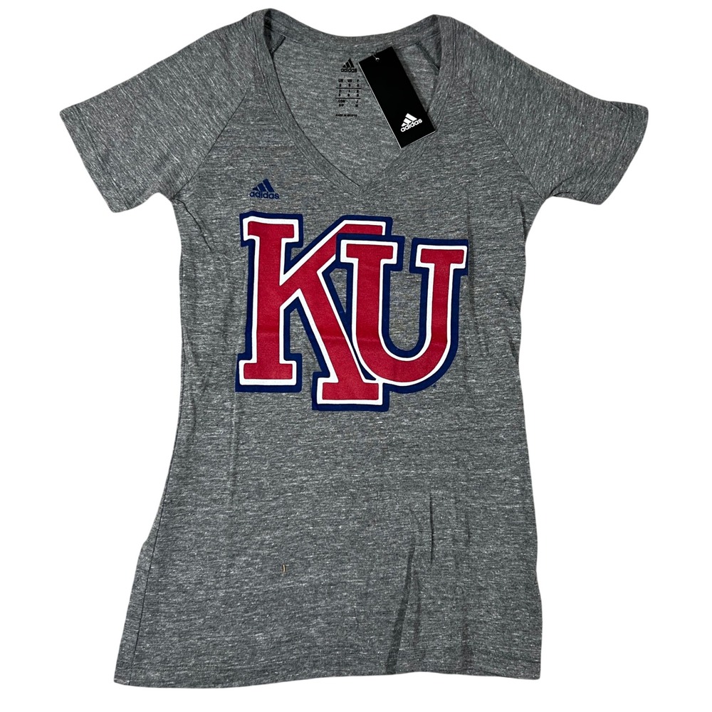 Adidas Kansas Jayhawks KU V-Neck T-Shirt Womens Small Gray NWT